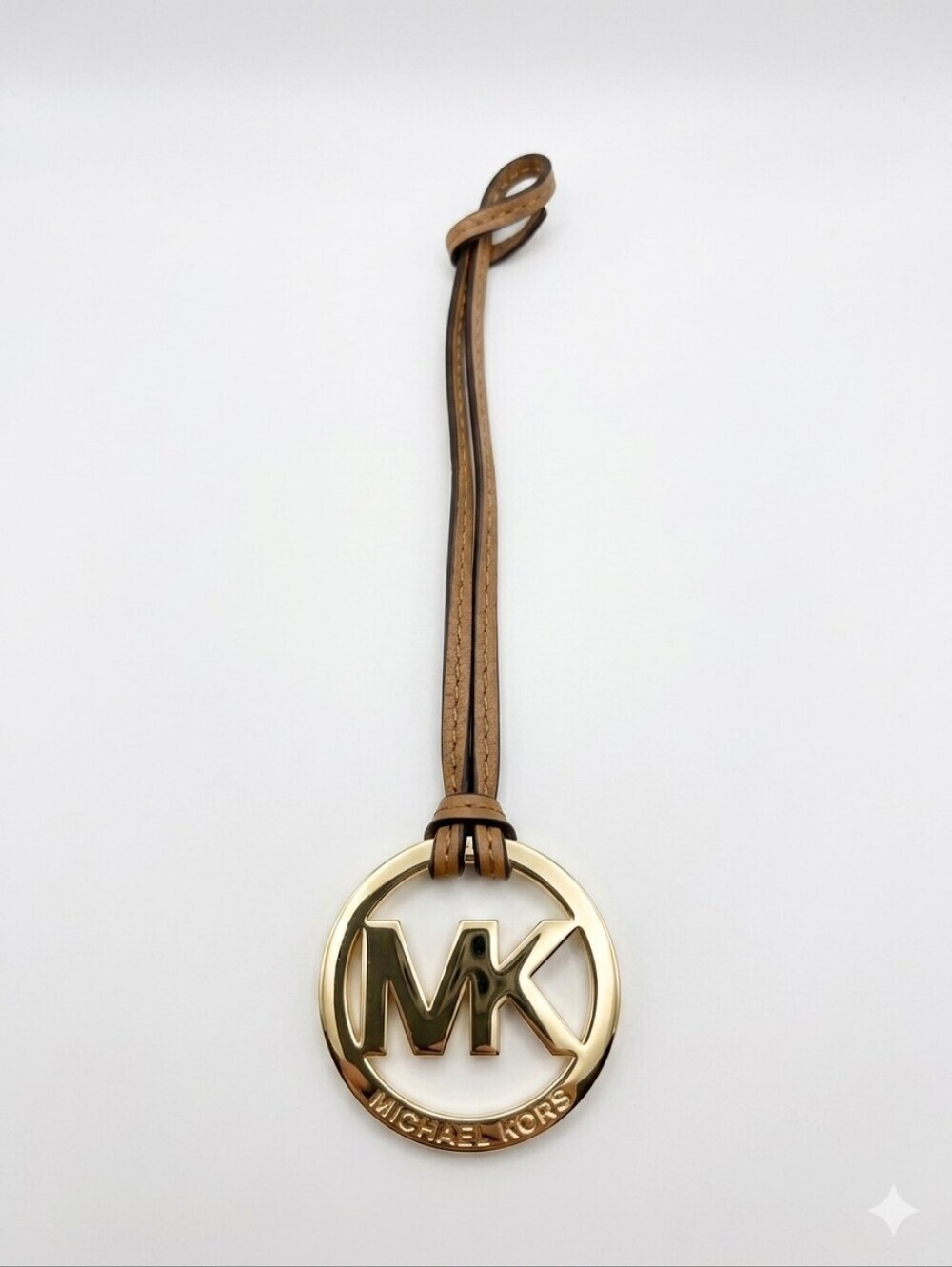 Michael Kors Tan Leather Strap MK Logo Key Ring Charm Purse Tag